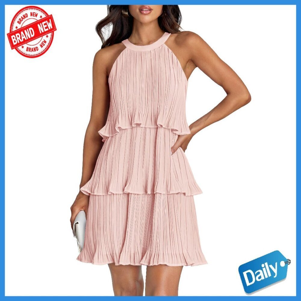 Sleeveless Halter Ruffle Tiered Chiffon Mini Dress A-Line Swing